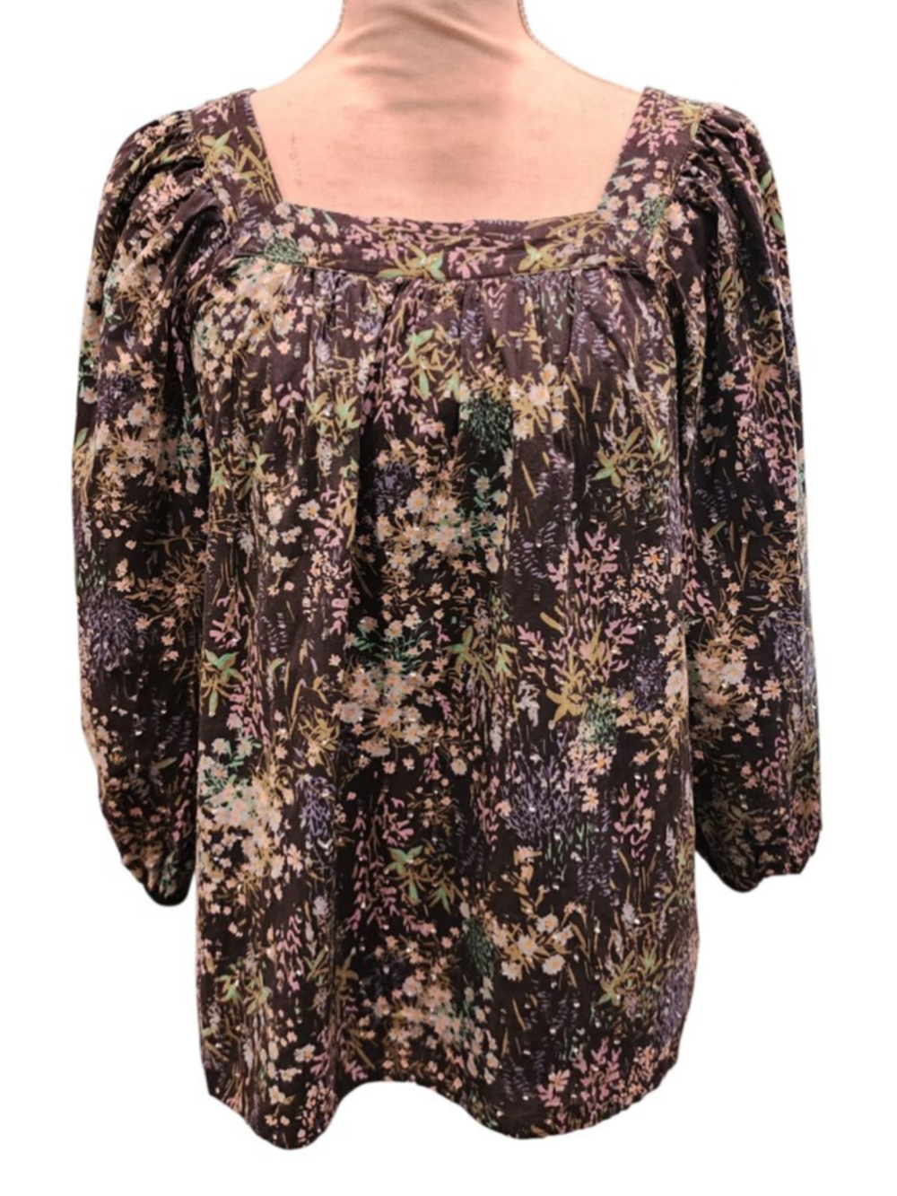 LC Lauren Conrad Floral Blouse Womens M Puff Square Neck Sequin Cottagecore Top